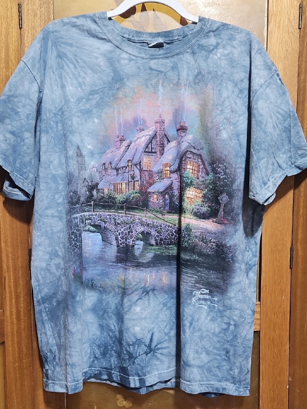Vintage 90s Jerzees Thomas Kinkade Tie Dye Cottage Art T Shirt XL